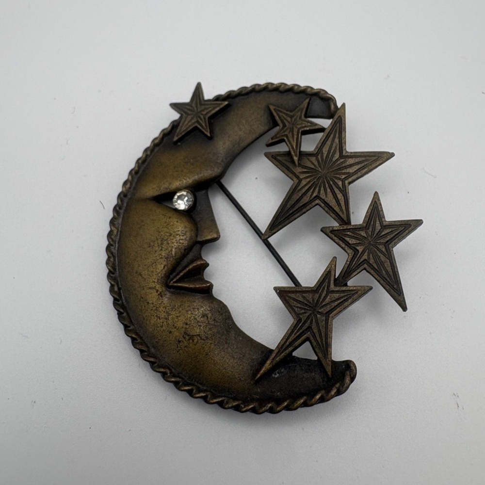 Vtg JJ Jonette Celestial Man in the Moon Stars Bronze Tone Brooch Pin Whimsygoth